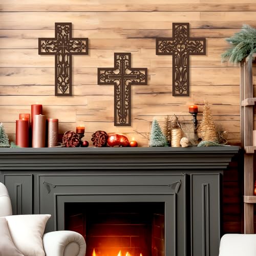 Bnesi 3 Pcs Wooden Cross Wall Decor, Carved Religious Crosses for Wall