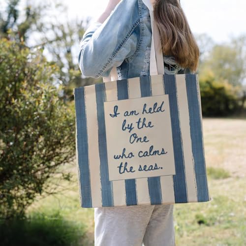 Christian-Flowers-Inspirational Motivational Gifts Canvas Tote Bag for Women,Reusable Shopping Grocery Bags - color: Christian-blue and Beige Striped