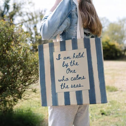 Christian-Flowers-Inspirational Motivational Gifts Canvas Tote Bag for Women,Reusable Shopping Grocery Bags - color: Christian-blue and Beige Striped
