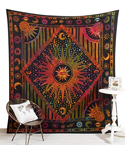 Popular Handicrafts Wall Hanging Tapestry For Bedroom Burning Hippie Sun and Moon Meditation Bohemian Hippy Psychedelic Design Indian Tapestries Bedspread 84 x 90 Inches (215cm x 230cm) Rose - color: Multicolor_1, size: 90"L x 84"W