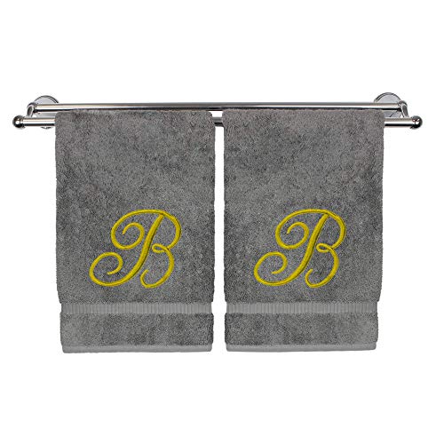 Monogrammed Hand Towel, Personalized Gift, 16 x 30 Inches - Set of 2 - Gold Embroidered Towel - Extra Absorbent 100% Turkish Cotton - Soft Terry Finish - for Bathroom, Kitchen and Spa - Script B Gray - color: Gold on Gray, style: Initial B