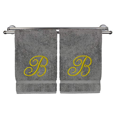 Monogrammed Hand Towel, Personalized Gift, 16 x 30 Inches - Set of 2 - Gold Embroidered Towel - Extra Absorbent 100% Turkish Cotton - Soft Terry Finish - for Bathroom, Kitchen and Spa - Script B Gray - color: Gold on Gray, style: Initial B