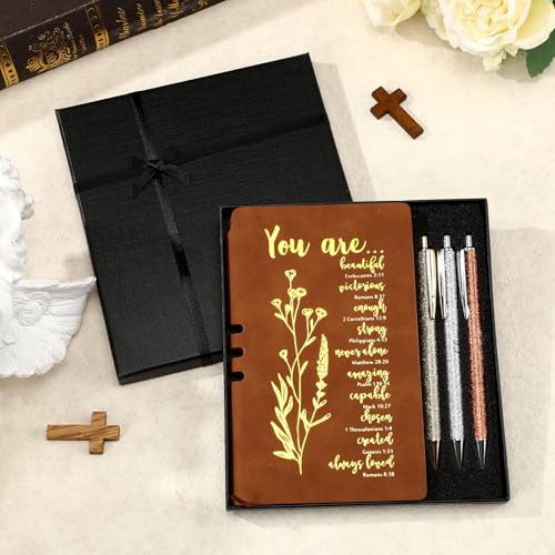 Affrolling 5 Pcs Christian Gifts for Women Church Religious Gifts A6 Bible Leather Notebook Pens with Box Prayer Journal for Men Bible Study Pastor's Wife Godmother Father(Brown) - color: Brown