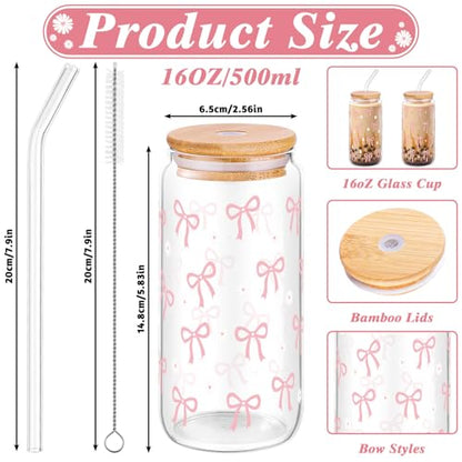 2 Pcs Cute Pink Bow Glass Cups with Lid and Straws Preppy Stuff For Girls - style: Pink Bow