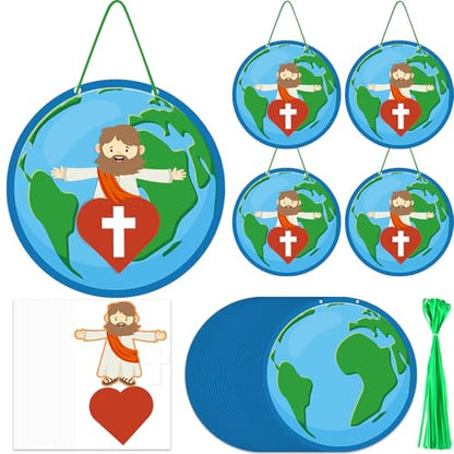 Mifoci 24 Sets John 3: 16 Globe Craft Ornaments Kits, Christian DIY Cards with Stickers Religious Classroom Home Activities Craft Kits, VBS Vacation Bible School Back to School Hanging Decorations