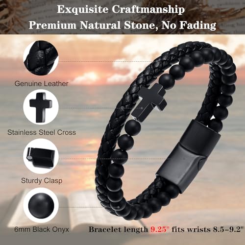 Mens Cross Bead Braided Genuine Leather Bracelet, Black Gemstone Agate Onyx Beaded Rosary Obsidian Bangle, Faith Religious Easter Catholic Christian Communion Baptism Christmas Jewelry Gift for Men - color: Black-9.25IN