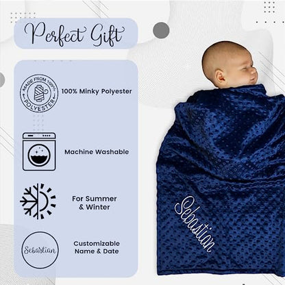 Embroidered Blanket Baby – Beautiful Monogrammed Blanket – Large Personalized Baby Blanket for Boys and Girls – Soft Polyester Baby Blanket with Custom Name – 28 x 34-inch - color: Navy