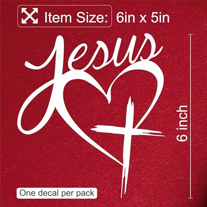 Jesus Heart Cross Decal – Christian Vinyl Sticker – Religious Car or Laptop Decal – Jesus Love Bumper Sticker – Cross Heart Symbol (6"x 5") (White)