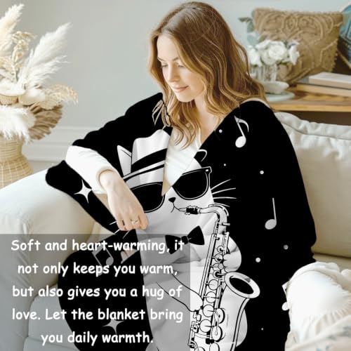 Funny Cat Playing Saxophone Blanket Gifts for Women Kids - color: Funny Cat, size: 50"x60"