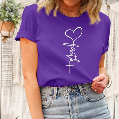 KIEKIECOO Faith Christian Shirts for Women Religious Crewneck Tshirts Cotton Graphic Tees Bible Verse Casual Summer Tops - color: Purple, size: Large