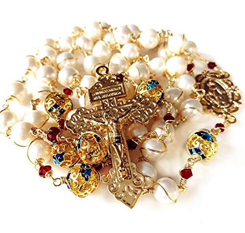 elegantmedical HANDMADE Gold Wire Wrapped Bead AAA White 10mm Real Pearl Rosary Cross NECKLACE BOX