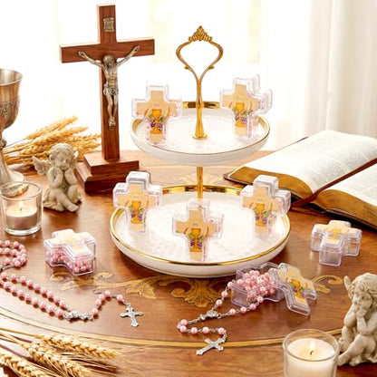 12 Set Saint St Jude Baptism Favor Bead Rosary Cross Necklace, Pink - color: Pink