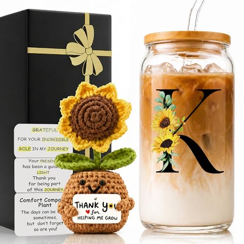 2 in 1 Personalized Glass Drinking Cup and Emotional Support Crochet Paraprofessional Appreciation Christmas Xmas Mother Best Day Gift Funny Mama Cool Mom Mommy Bonus Ever from Daughter Son Presents K - style: Initial-K