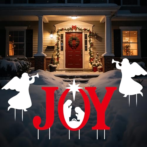 5Pcs JOY Nativity Scene Decorations, Joy Nativity Yard Sign, with Stake, Angels Christmas Decorations, for Home, Outdoor, Lawn, Pathway, New Year, Christmas Holiday Party Supplies
