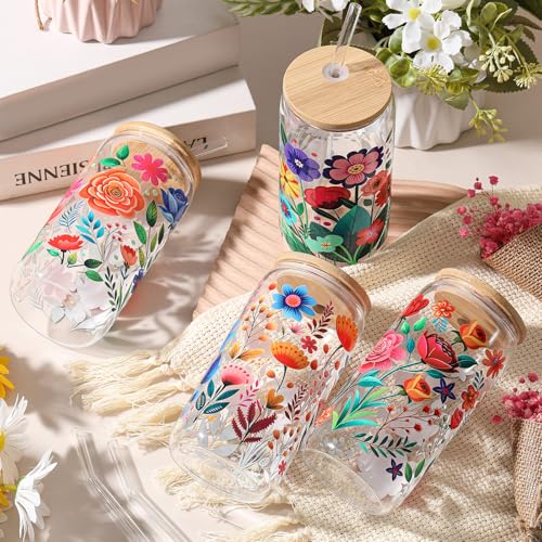 Mumufy 4 Pack Mexican Flower Glass Cup, 16 oz Tumbler Mug with Bamboo Lid - style: Mexican Flower