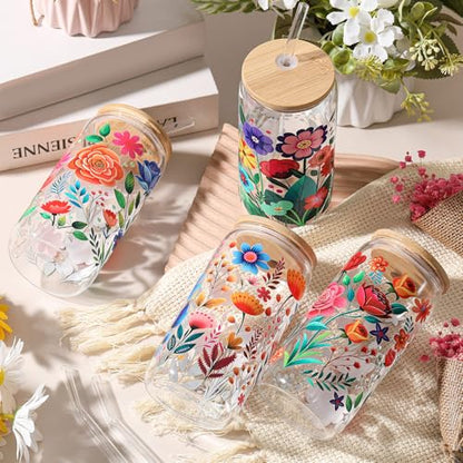 Mumufy 4 Pack Mexican Flower Glass Cup, 16 oz Tumbler Mug with Bamboo Lid - style: Mexican Flower