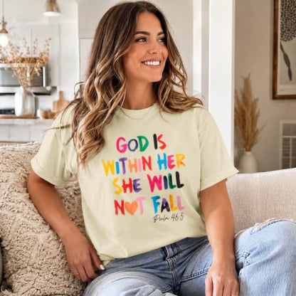 Sulayesh Christian Shirts for Women Jesus God is Within Her Tshirt Faith Inspirational Bible Verse Religious Graphic Tee Tops - color: Apricot, size: XX-Large