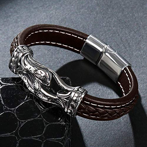 Men's Braided Leather Bracelet Wristband Cuff Bracelet for Men Gifts Stainless Steel Clasp - color: Brown 2