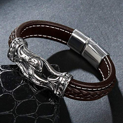 Men's Braided Leather Bracelet Wristband Cuff Bracelet for Men Gifts Stainless Steel Clasp - color: Brown 2