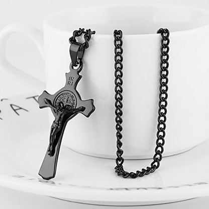 HZMAN Stainless Steel St. Benedict Crucifix Cross Necklace for Men - color: Standard Black