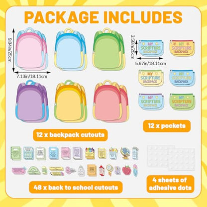 12 Sets Back to School Religious Craft Kits DIY Spiritual Backpack Bible Craft Make Your Own Backpack Cutouts with Pockets for First Day Sunday School Christian VBS Church Home Crafts Activity Supply