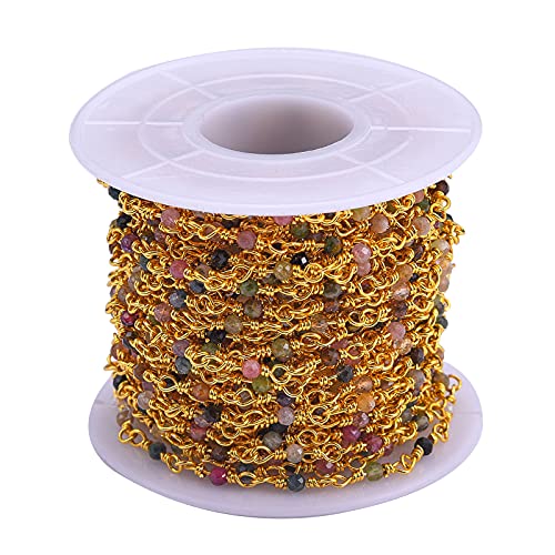 LiQunSweet 32.8 Ft(10 Meters) Natural Tourmaline Gemstone Handmade 2.5mm Beaded Chains with Brass Findings Real Gold Plated Unwelded with Spool Bulk for Men Women Necklace Jewelry Making DIY Crafts - color: Tourmaline 2.5mm