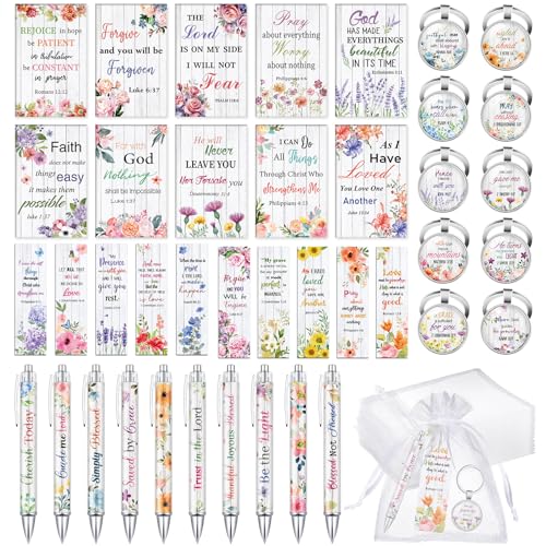 Jetec 150 Bible Verses Gift Set for 30 Christian Bookmarks 30 Scripture Ballpoint Pens 30 Christian Notebooks 30 Bible Verse Keychain 30 White Organza Bags for Women Men Office Church(Artsy) - style: Artsy