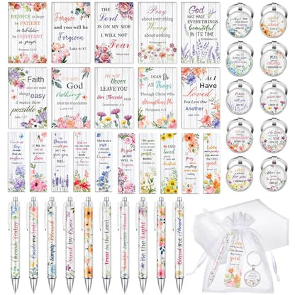 Jetec 150 Bible Verses Gift Set for 30 Christian Bookmarks 30 Scripture Ballpoint Pens 30 Christian Notebooks 30 Bible Verse Keychain 30 White Organza Bags for Women Men Office Church(Artsy) - style: Artsy