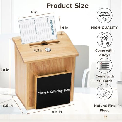ZENFUN Wooden Suggestion Box with 50 Free Suggestion Cards, Natural Pinewood Ballot Comment Box Donation Box with Locking Hinged Lid for Countertop or Wall Mounted, 8.6" x 6.8" x 10"