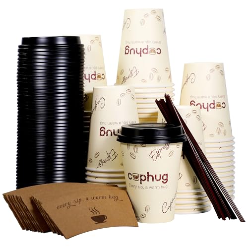 12oz Disposable Coffee Cups with Lids, Kraft Sleeves & Straws, 100 Pack Black Paper Hot Drink Cups - color: Yellow, size: 12oz-100Pack
