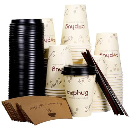 12oz Disposable Coffee Cups with Lids, Kraft Sleeves & Straws, 100 Pack Black Paper Hot Drink Cups - color: Yellow, size: 12oz-100Pack