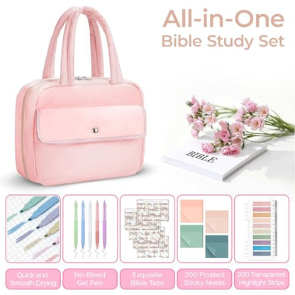 WOBAGMEN Puffy Bible Cover Case for Women with Study Supplies,Soft Bible Bag with Highlighters for Girls, Bible Journaling Kit Christmas Christian Gift for Women (Pink, M) - color: Pink