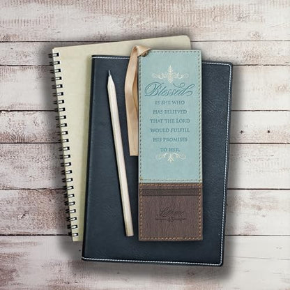 Christian Art Gifts Faux Leather Scripture Bookmark: Blessed is She - color: Brown/Blue - Blessed