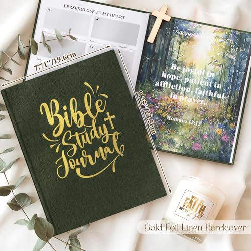 Lanpn Bible Study Guide Journals for Women with Tabs & Highlighters, Church Notes Taking Daily Devotional Journaling, Linen Bible Prayer Notebook Christian Religious Faith Based Gifts, Green - color: Green