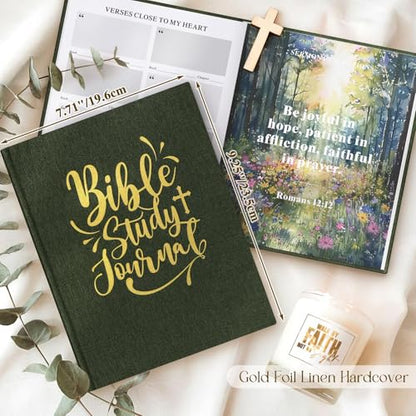 Lanpn Bible Study Guide Journals for Women with Tabs & Highlighters, Church Notes Taking Daily Devotional Journaling, Linen Bible Prayer Notebook Christian Religious Faith Based Gifts, Green - color: Green