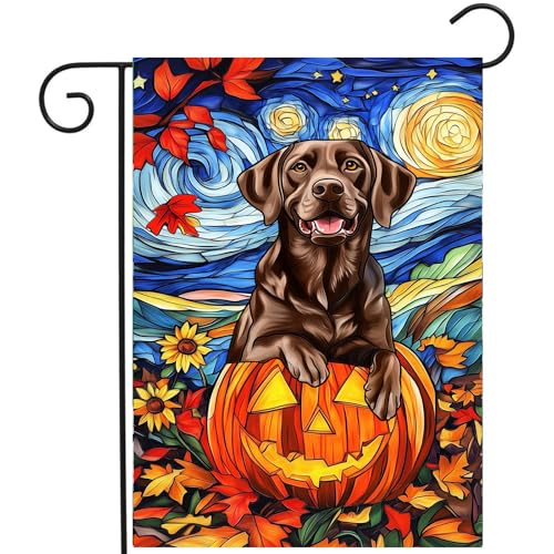 Stained Glass Chocolate Lab Fall Garden Flag Halloween Pumpkin Yard Signs Autumn Sunflower Thanksgiving Banner for Outside 12x18 Double Sided Small Labrador Dog Outdoor Decorative - color: autumnchocolab