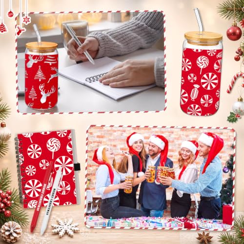 Skylety 12 Set Christmas Bulk 16 oz Red Glass Cups with Lids Straws Xmas Notebook Sticky Note Pens for Employee Appreciation Women Students School Office Holiday Party Favors - style: Red Christmas