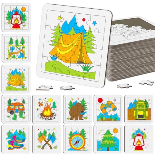 Cinrobiye 24 Pcs Camping Coloring Jigsaw Craft Kit for Kids, DIY Outdoor Adventure Activity Set Bulk with 12 Designs, Happy Camper Party Favors, Classroom Art Projects - color: Camper