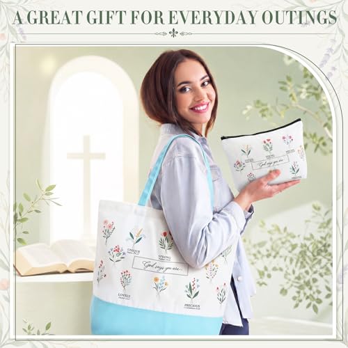 Aliceset 12 Pcs Christian Religious Gift for Women Bulk Included Bible Verse Canvas Tote Bag with Cosmetic Bag for Her Women Sister Mom Wife Birthday Mothers Day(Flower) - style: Flower