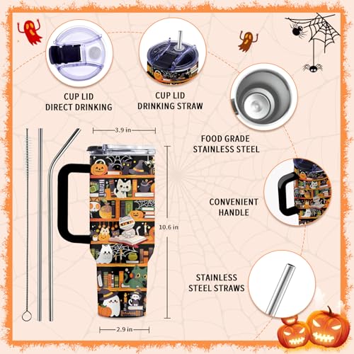 Book Lovers 40oz Tumbler, with Handle Straw, Stainless Steel Cup - color: Halloween