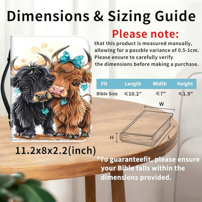 Bible Cover for Women Large PU Leather Zippered Bible Case with Handle and Cute Cow Design, Christian Bible Cover for Girls & Women, Cover Fits Standard 9.5"x7.5"x2.3" Bible - color: Cute Cow