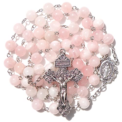 Rosary Beads Chaplet Purple Natural Amethyst Crystal Rosery Cross Catholic gifts - color: Pink
