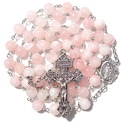 Rosary Beads Chaplet Purple Natural Amethyst Crystal Rosery Cross Catholic gifts - color: Pink