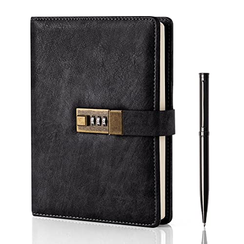 WEMATE Diary with Lock, A5 PU Leather Journal with Lock 240 Pages Black - color: Black