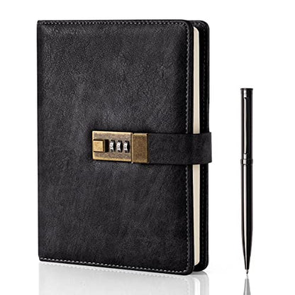 WEMATE Diary with Lock, A5 PU Leather Journal with Lock 240 Pages Black - color: Black