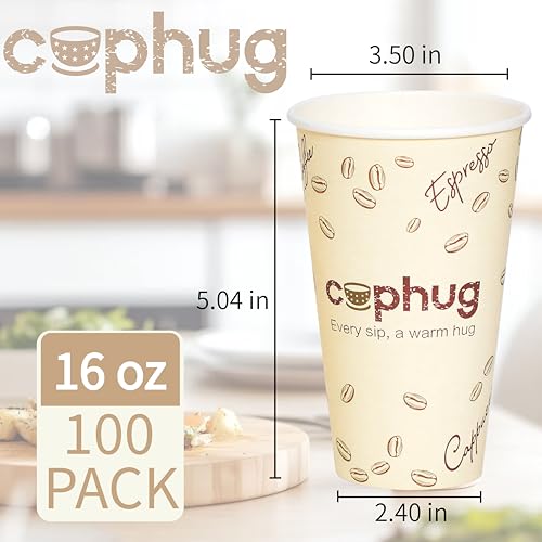 16oz Disposable Coffee Cups with Lids, Kraft Sleeves & Straws, 100 Pack Black Paper Hot Drink Cups - color: Yellow, size: 16oz-100Pack