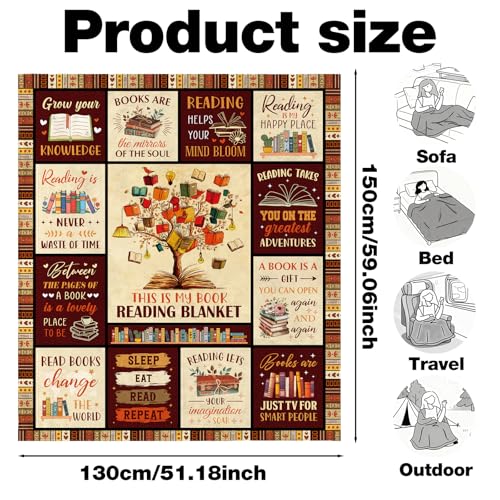 Book Lovers Gifts Blanket, Book Reading Throw Blanket, Librarian Bookish Books Club Gift for Women Readers Bookworms Birthday Graduation Present Ideas Soft Flannel Blankets 50'' x 60'' - color: Brown-book Reading