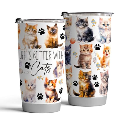 Fancyfams Cat Coffee Tumbler, 1-Pack 20oz Stainless Steel, Vacuum Insulated - color: Better with Cats