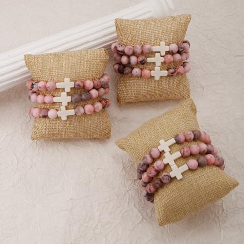 COLOYAN 9Pcs Cross Natural Stone Beaded Stretch Bracelets for Women - color: A-pink zebra