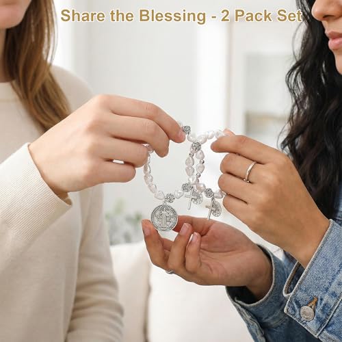 2 Pack San Benito Bracelet for Women, Silver Tone Saint Benedict Medal Stretch Rosary Beads (Zinc Alloy), Catholic Religious Protection Jewelry Gift, Small Size 4.6cm Elastic